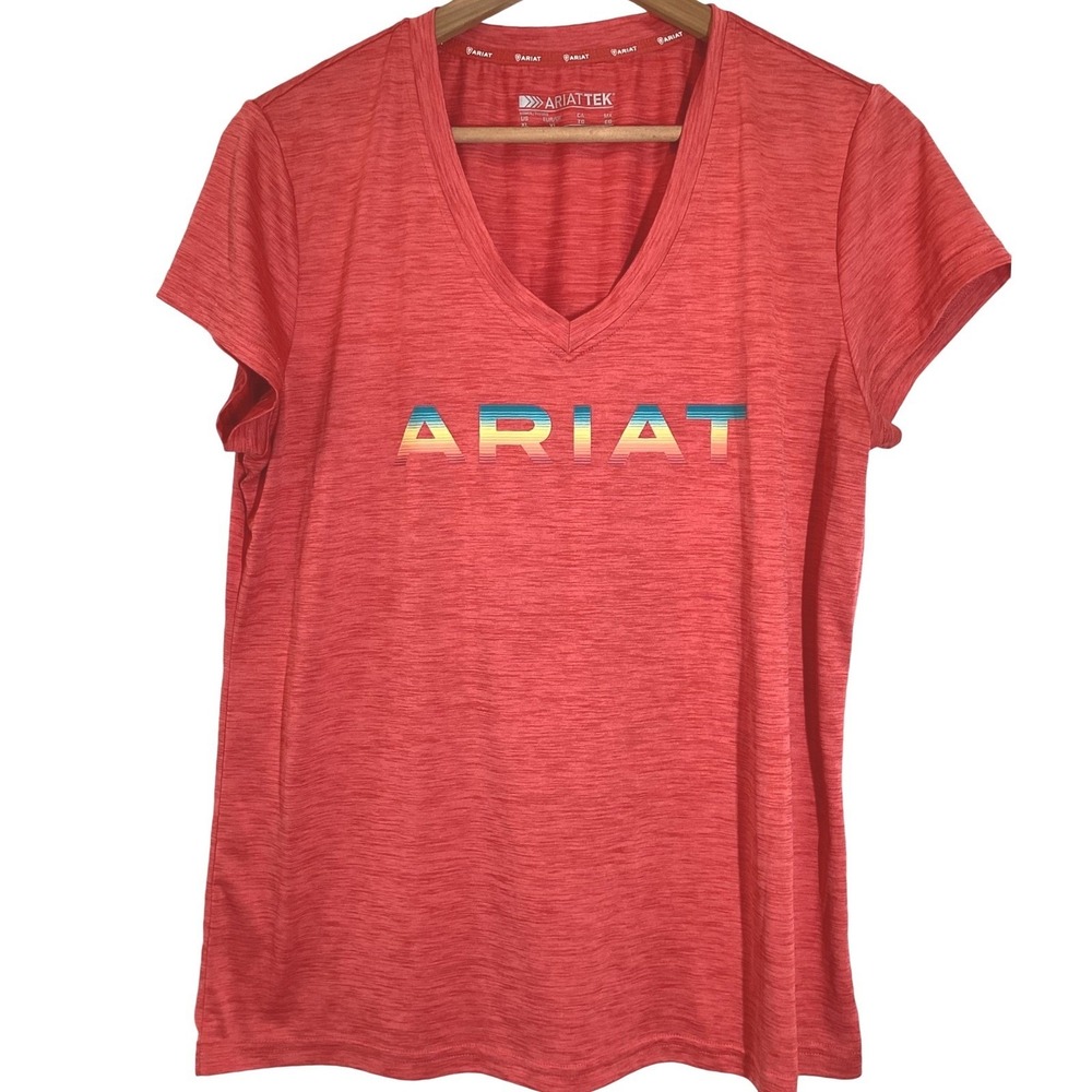 Ariat Orange Sunrise Short Sleeve V-Neck Performance T-Shirt Rainbow - XL